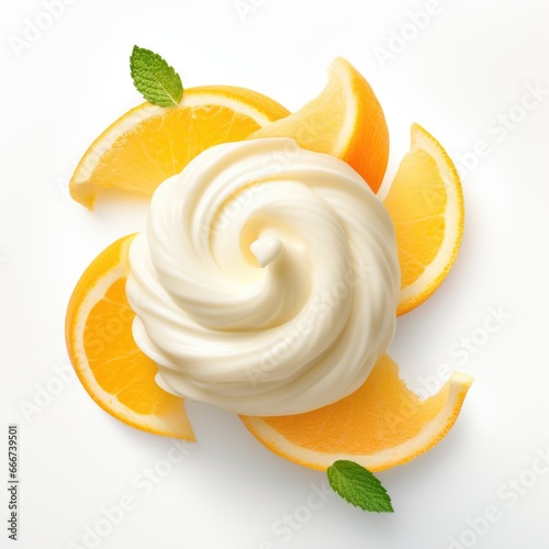 Sorbet swirl on white with citrus oranges. Photorealistic, on white background.