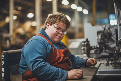 Young handsome worker with down syndrome working in industrial factory. Social inclusion and integration
