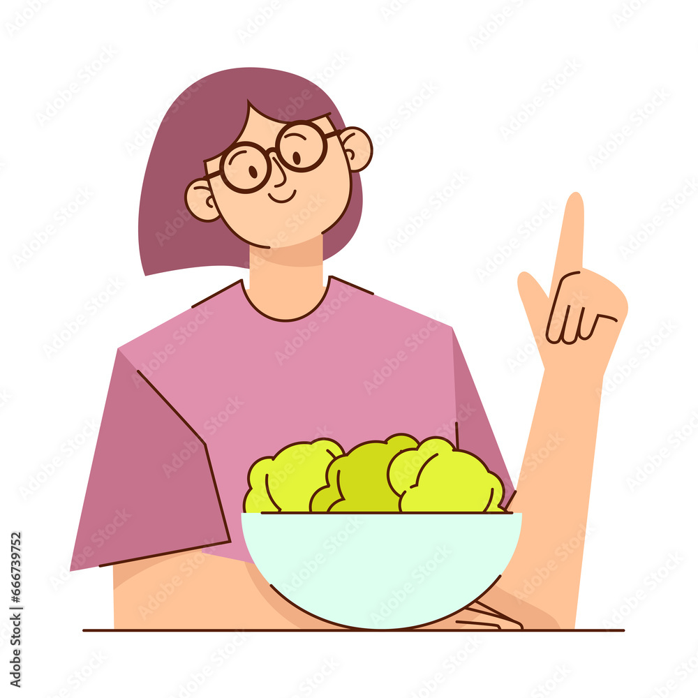 Flat lay vegetarian woman with bowl of broccoli