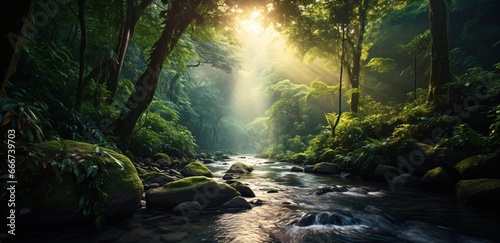 amazon rainforest with tropical vegetation, a creek runs through a mysterious jungle, a mountain stream in a lush green valley