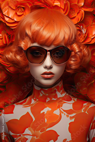 Piękna rudowłosa dziewczyna w pastelowych okularach z kwiatami w tle. 