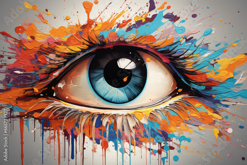 Ilustracja przedstawiająca kolorowe oko. Kolorowa farba podkreśla rzęsy.  