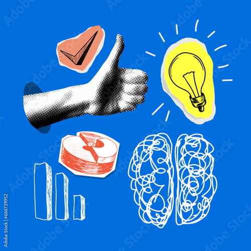 Pop art style collage. Halftone hand with thumb up. Like sign. Brain, lamp bulb, check mark, chart sketches. Cut out newspaper elements. Modern design elements. Idea, success, marketing concept