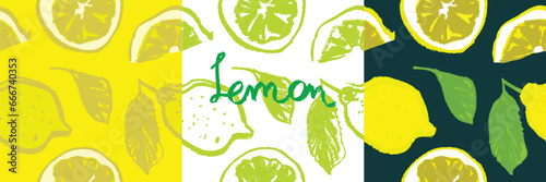 Banner template with vector color lemon seamless pattern. Citrus fruit backdrop on color background. Hand drawn lemons illustration. Lemon emblem with green leaves. Botanical fabric pattern.