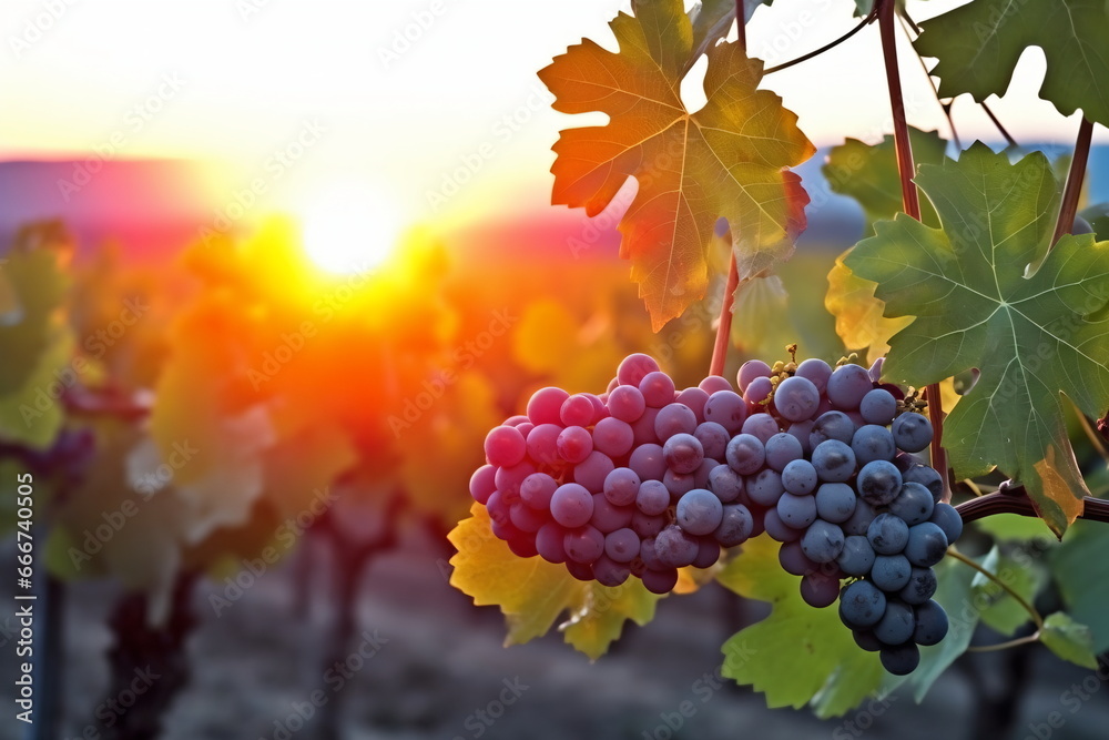 Fototapeta premium Vineyard at Sunset: Grapevines Bathed in the Warm Glow of the Setting Sun