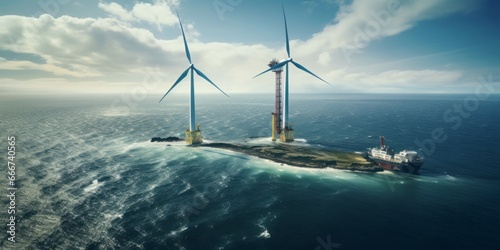 Efficient Offshore Wind Power Generation: A Crane's Precise Work near Gigantic Eco-Friendly Wind Turbines under a Clear and Serene Sky in a Vast Offshore Windpark