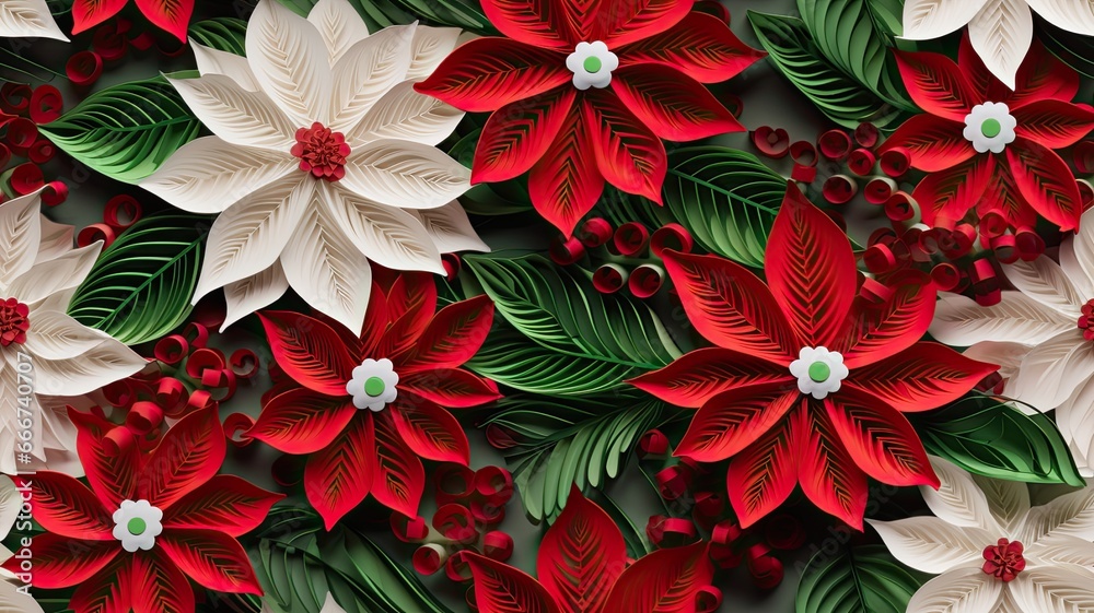intricate paper quilling art featuring white snowflakes and vibrant white poinsettia flower. SEAMLESS PATTERN. SEAMLESS WALLPAPER. intricate paper quilling art featuring white snowflakes and vibrant white poinsettia flower. SEAMLESS PATTERN. SEAMLESS WALLPAPER.