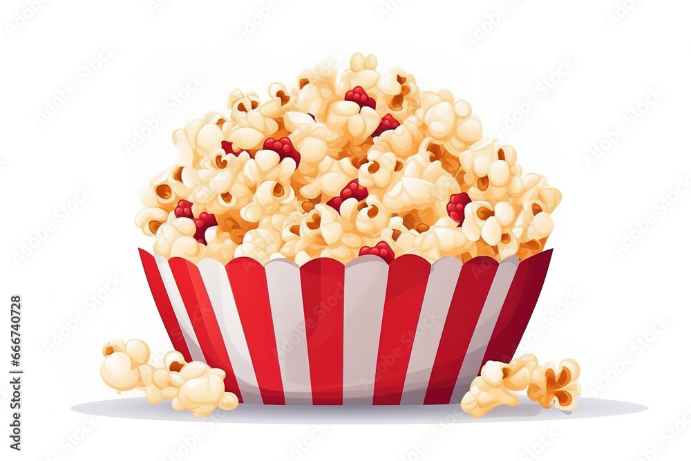 cartoon painted cinema popcorn bowl isolated on white, tasty popcorn red striped carton bucket box.