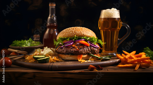 Tasty Burger and glass of beer isolated on black background