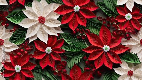 intricate paper quilling art featuring white snowflakes and vibrant white poinsettia flower. SEAMLESS PATTERN. SEAMLESS WALLPAPER.