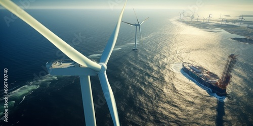 Efficient Offshore Wind Power Generation: A Crane's Precise Work near Gigantic Eco-Friendly Wind Turbines under a Clear and Serene Sky in a Vast Offshore Windpark photo