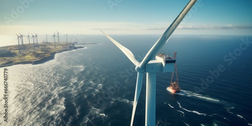 Efficient Offshore Wind Power Generation: A Crane's Precise Work near Gigantic Eco-Friendly Wind Turbines under a Clear and Serene Sky in a Vast Offshore Windpark photo