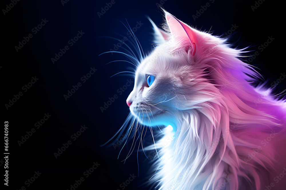 Poster with white cat in in neon colors isolated on black  background
