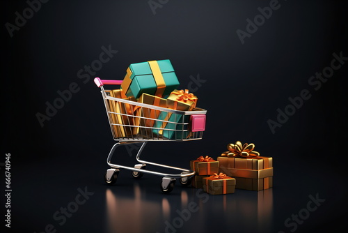 Joyful Shopping Cart: 3D Render of a Cart Filled with Gift Boxes photo