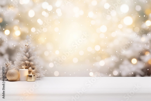 Christmas decor and Empty wooden table with festive Christmas winter background. Selective focus on tabletop