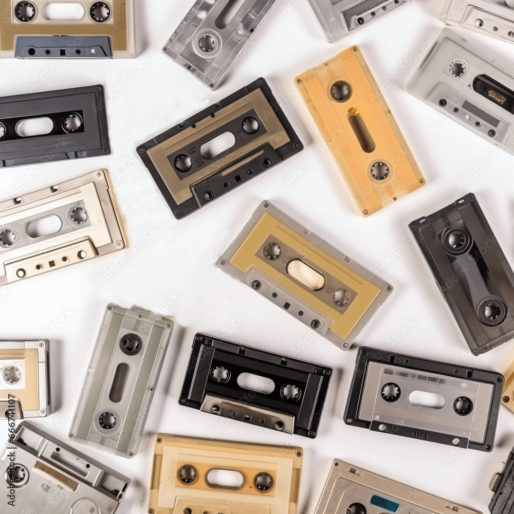 Fototapeta premium Retro audio cassettes on a white background. Set of various colorful music cassettes.