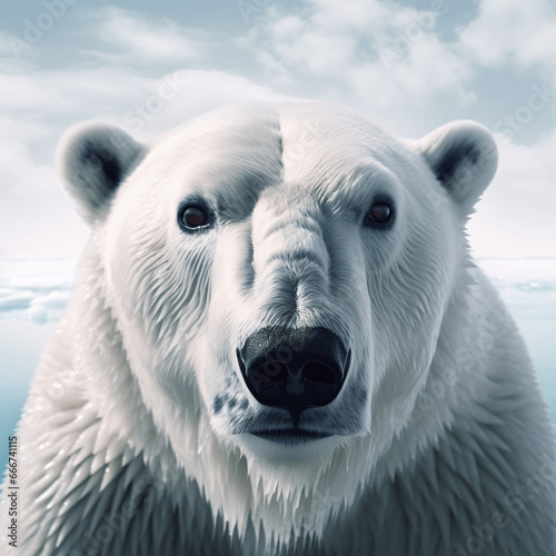 Portrait of a polar bear, an endangered animal species. Head of a predator. Animal protection photo
