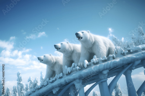 Three polar bears standing on a railway in a snowy forest. Winter attractions photo