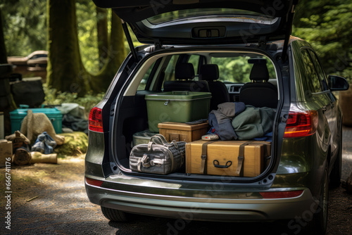 Open car trunk with suitcases and things, outdoor recreation, camping, travel concept photo