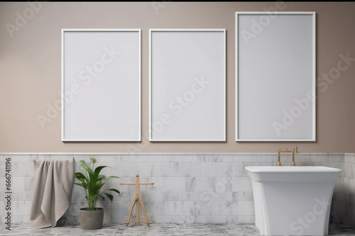 Three white  blank mockups  posters in a cozy bathroom interior  with free space for text