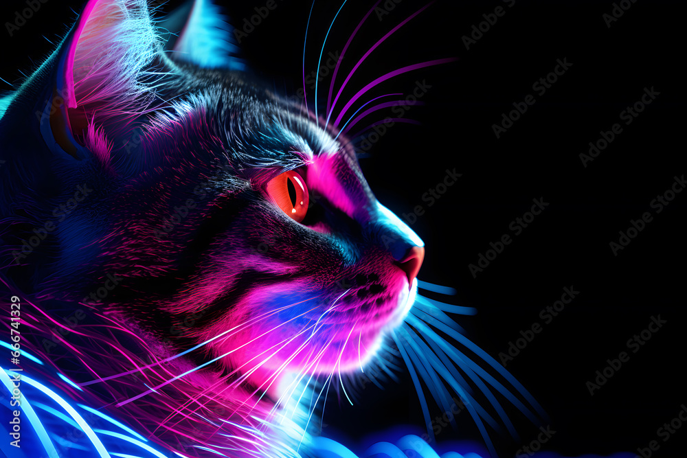 Poster with  cat  head in in neon colors isolated on black  background
