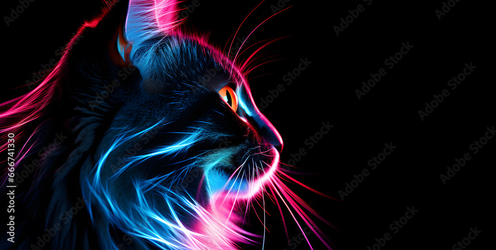 Poster with  cat  head in in neon colors isolated on black  background