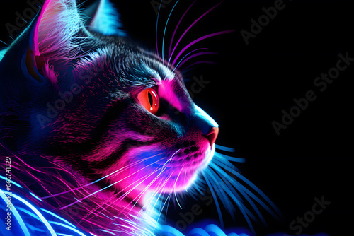 Poster with cat head in in neon colors isolated on black background