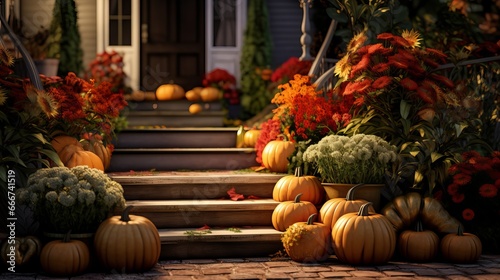 The steps are decorated with flowers during Autumn, Fall, Pumpkin, and Halloween in a cinematic way.