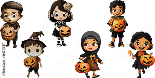 Conjunto de niños para truco o trato la noche de Halloween con fondo transparente 01