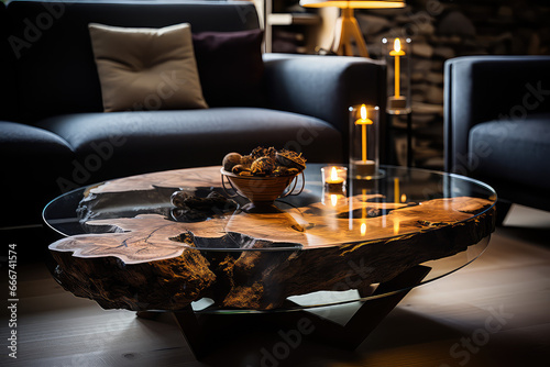 Obraz przedstawiający ładny gruby stół drewniany w salonie klimatycznym przy swiecach