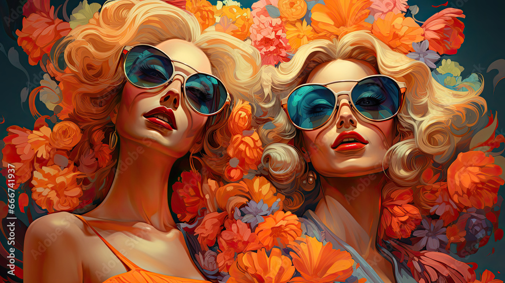 Dwie piękne kobiety w okularach przeciwsłonecznych z kwiatami w tle.  - obrazy, fototapety, plakaty 