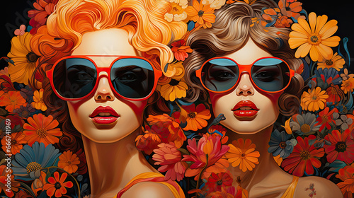 Dwie piękne kobiety w okularach przeciwsłonecznych z kwiatami w tle. 