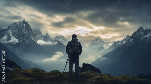 Viewing beautiful, moody landscapes in the Alps. photo