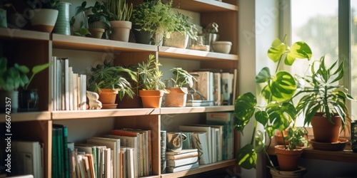  A Living Room Adorned with Shelves Overflowing with Plants and Books, Creating a Tranquil Indoor Oasis Where the Worlds of Literature and Nature Coexist in Perfect Harmony