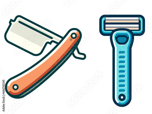 Straight razor with an open blade and a wooden handle, disposable razor with a plastic handle and a lubricating strip, cartoon style stock vector image