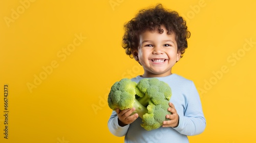 The concept of healthy baby food is presented in a studio shot of a smiling boy holding fresh broccoli and carrots on a yellow background