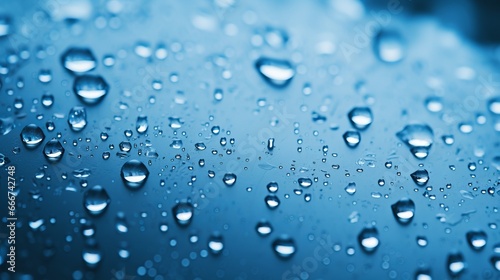 The photo is eerie and features drops of water or rain on a wet glass background in a cold blue color.
