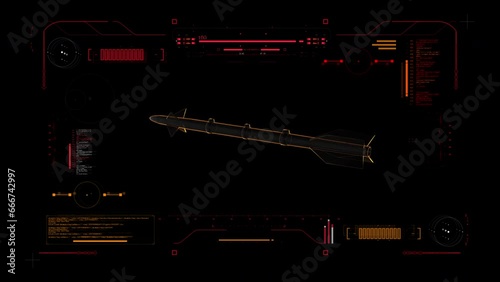 Digital Blueprint Scan of Short Range Air to Air Missile. Futuristic User interface HUD 360 View.