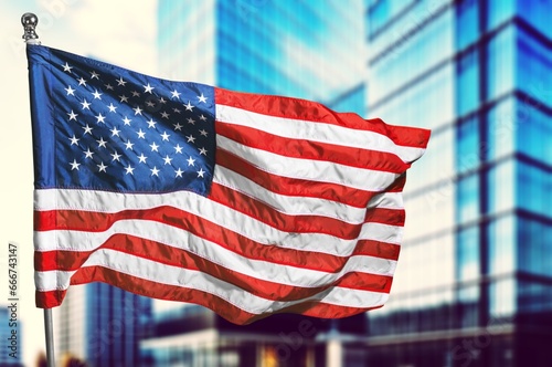 Patriot Day concept, USA flag and city view, AI generated image