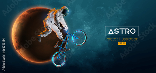 Abstract silhouette of a bmx rider, astronaut is riding on sport bicycle in space action and Earth, Mars, planets on the background of the space. Cycling sport transport. Vector illustration