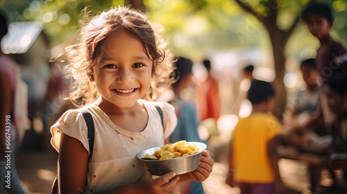 Volunteers provided food outdoors to impoverished children. photo