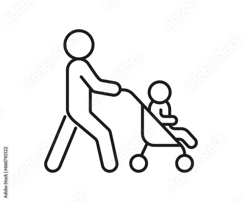 Person walk with baby stroller, line icon. Child in carriage. Motherhood. Vector