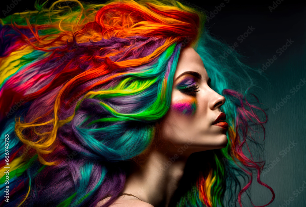 A portrait of a young woman with rainbow long hair. Created with Generative AI. Not a real person.