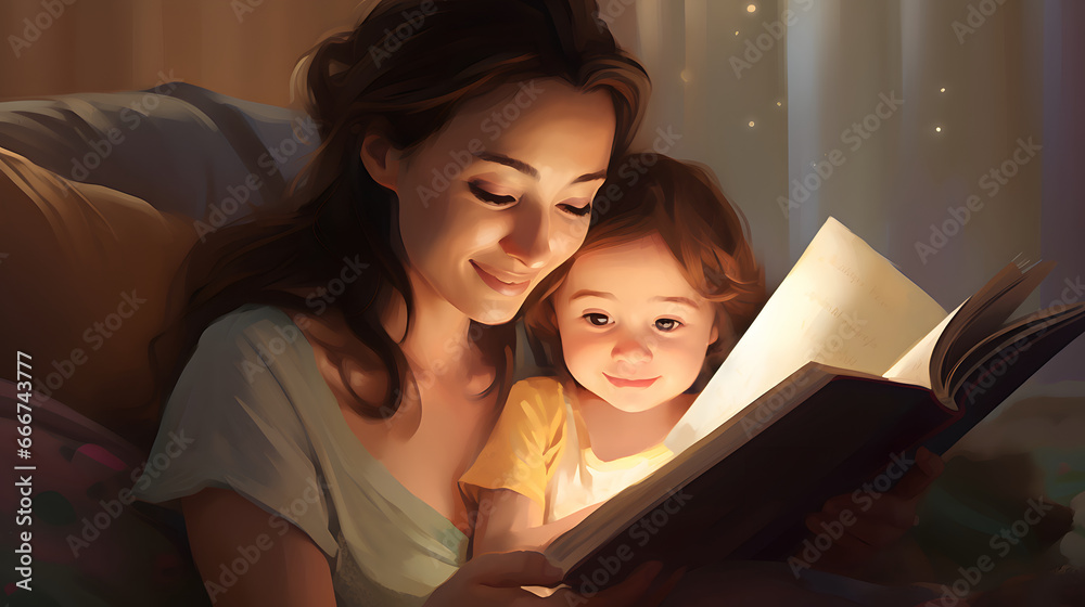 mother reading a story to her daughter in bed