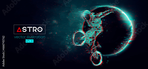 Abstract silhouette of a bmx rider, astronaut is riding on sport bicycle in space action and Earth, Mars, planets on the background of the space. Cycling sport transport. Vector illustration