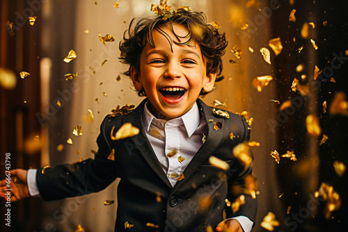 Petit garçon souriant et jouant sous les confettis photo