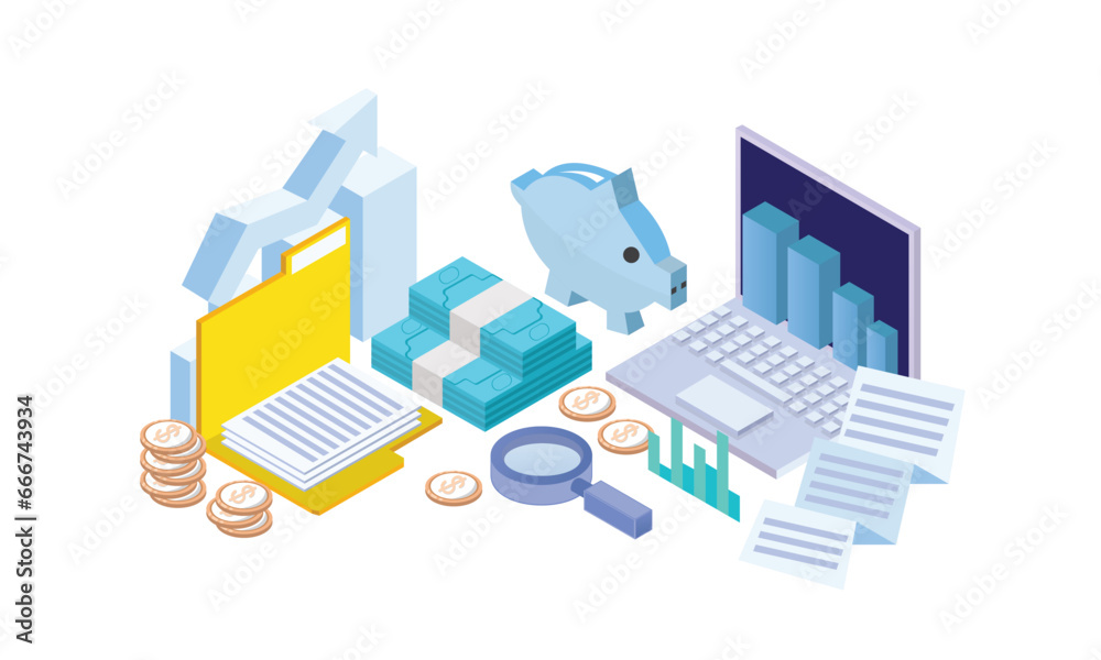 Finance concept graph, coin, piggy bank, magnifying glass, laptop and bill.on white background.3D design.isometric vector design Illustration.
