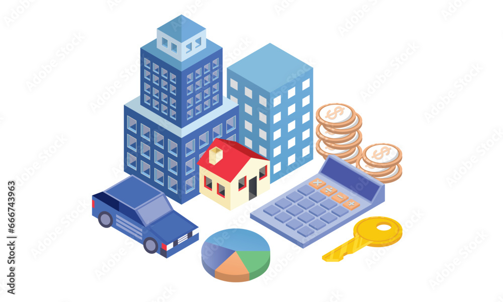 Conceptual template with house, keys, calculator, coins. Scene for mortgage investment property, buying home, real estate.on white background.3D design.isometric vector design Illustration.