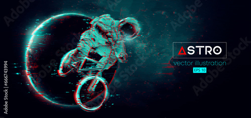 Abstract silhouette of a bmx rider, astronaut is riding on sport bicycle in space action and Earth, Mars, planets on the background of the space. Cycling sport transport. Vector illustration