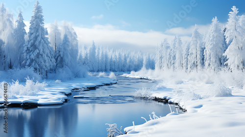 Landscape of winter mountain with river in national park